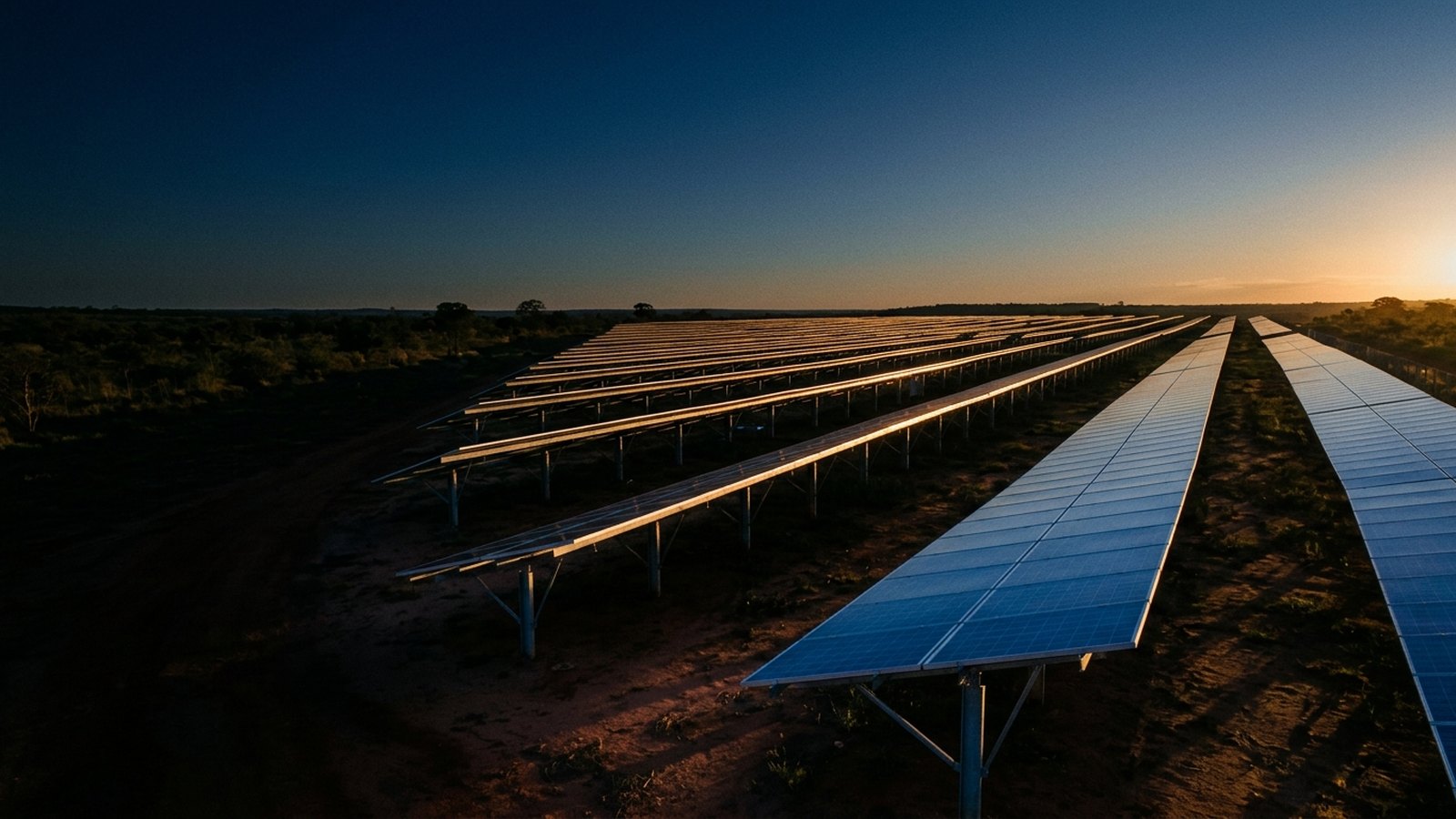 Usina solar no solo com longas fileiras de módulos fotovoltaicos ao entardecer no cerrado