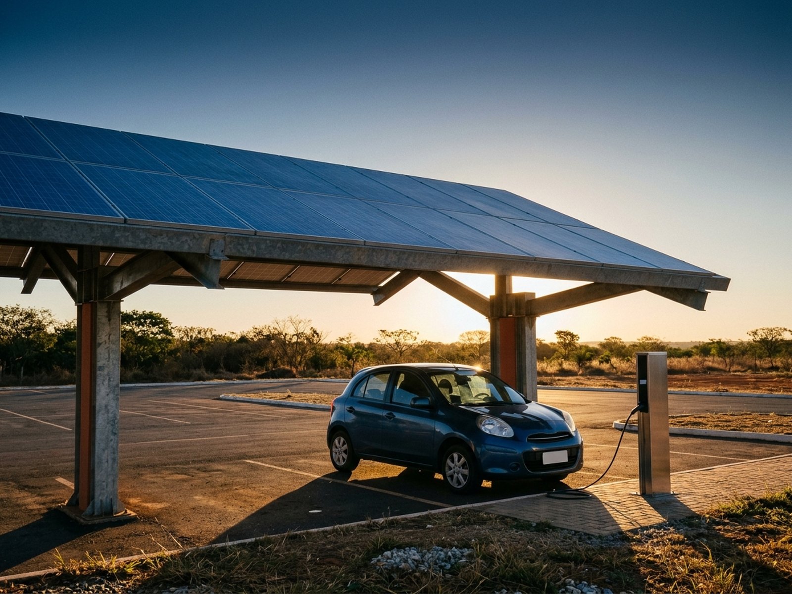 Carport solar com carro conectado a uma estação de recarga para veículo elétrico