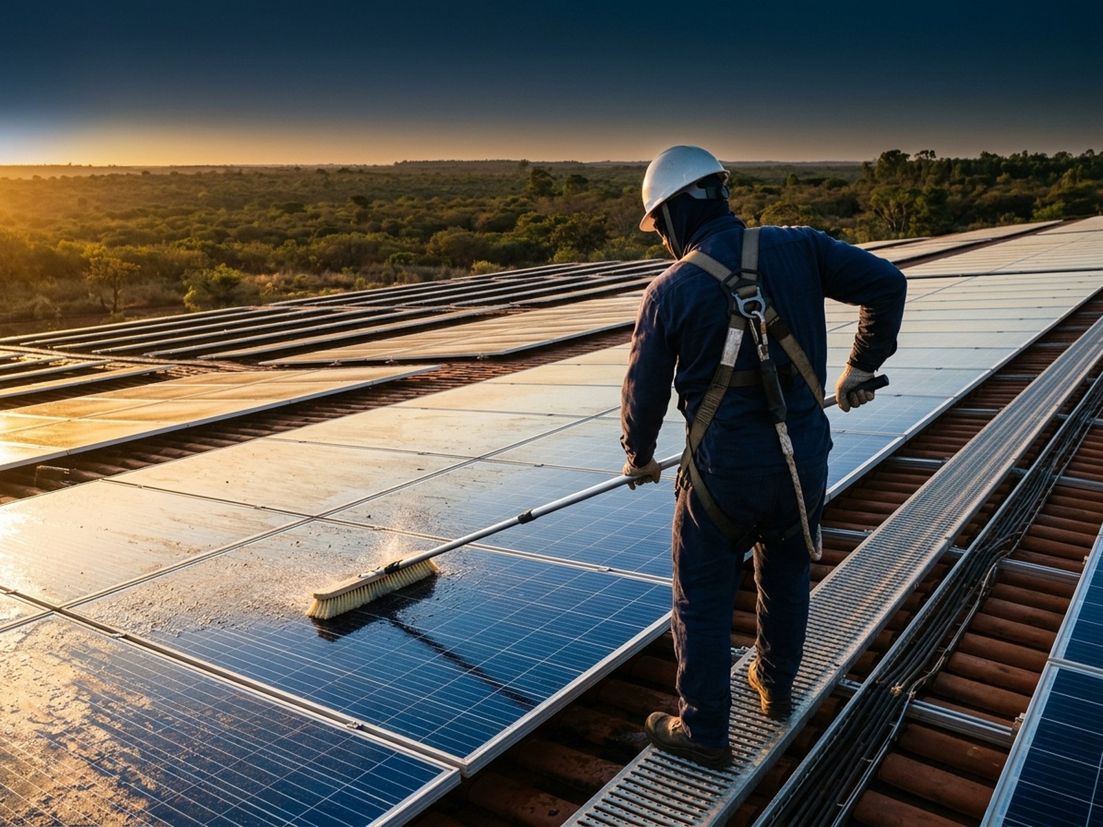 Técnico com EPI e cinto de segurança fazendo a limpeza de módulos solares sobre o telhado