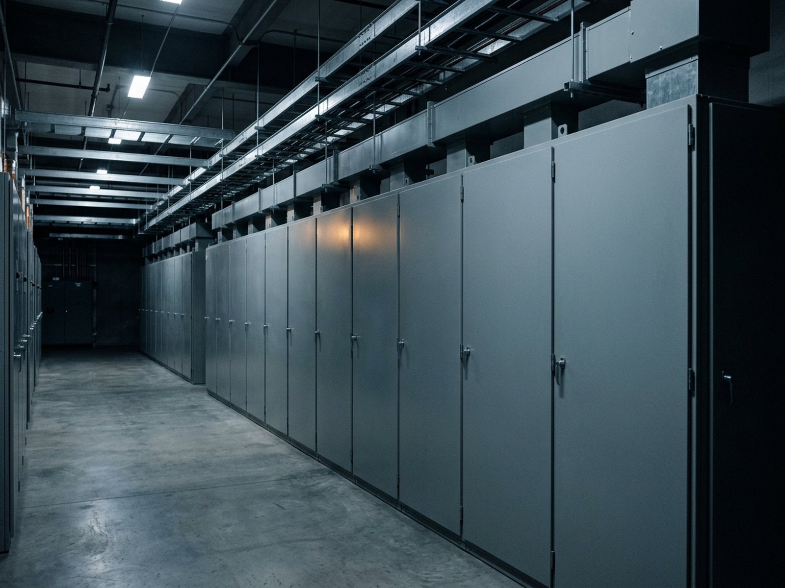 Corredor de subestação abrigada com painéis elétricos de aço sob luz fria